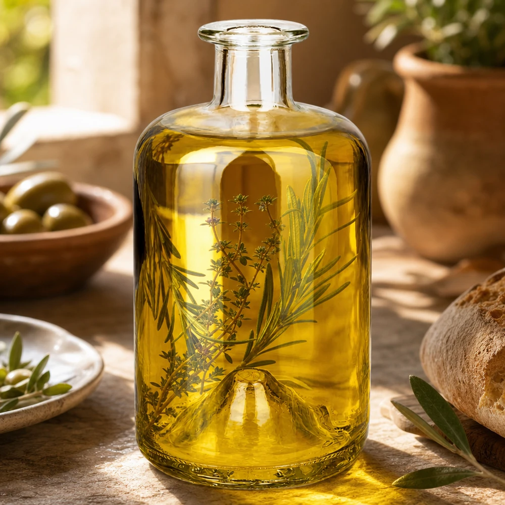 Flacon à pharmacie « 500ml Glasflasche "Sofia" ohne Verschluss UNiTWIST » 500 ml sans bouchon UNiTWIST® Bouteille en verre Sofia 500ml remplie d'huile d'herbes aromatiques romarин thym usage décoratif Bouteille de pharmacie