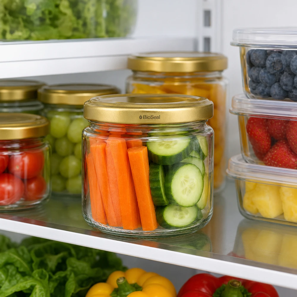 330ml Verre rond avec couvercle BioSeal or UNiTWIST UniTWIST Runda330 Bocal à provisions avec couvercle TO82 BioSeal Gold dans le réfrigérateur pour la conservation de légumes frais