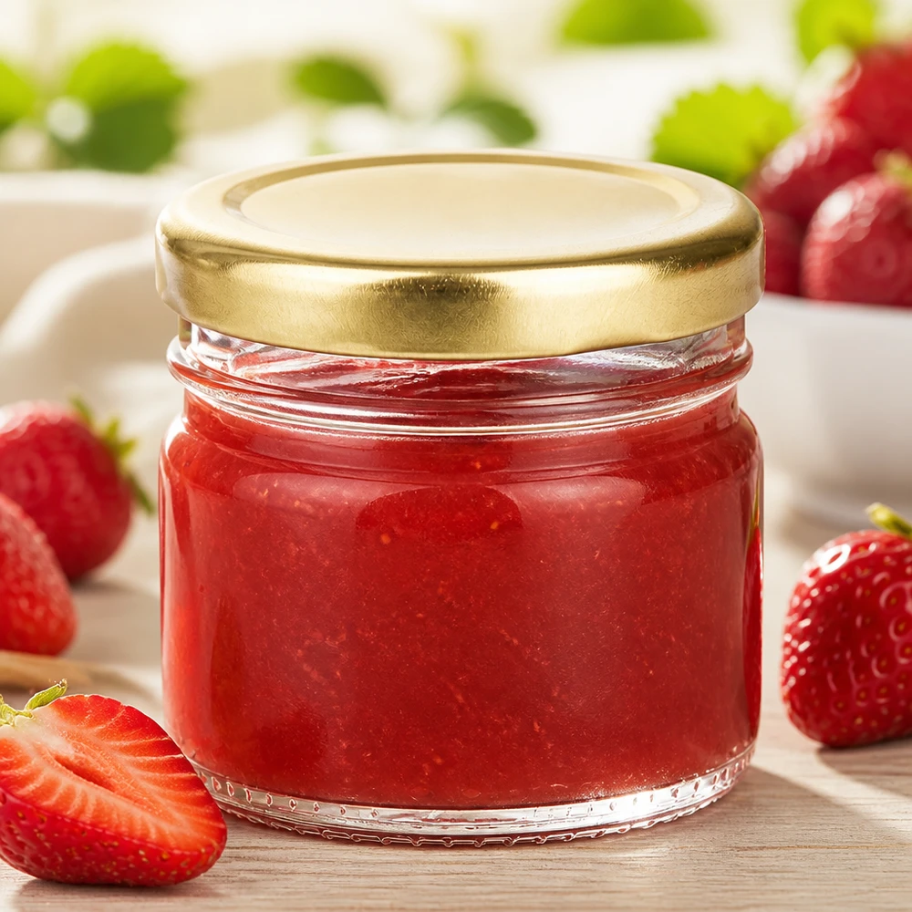 Pot en verre rond de 33 ml + couvercle BasicSeal doré UNiTWIST Verre transparent de 33 ml avec couvercle à vis doré, destiné à contenir de la confiture de fraises, à offrir en cadeau aux invités