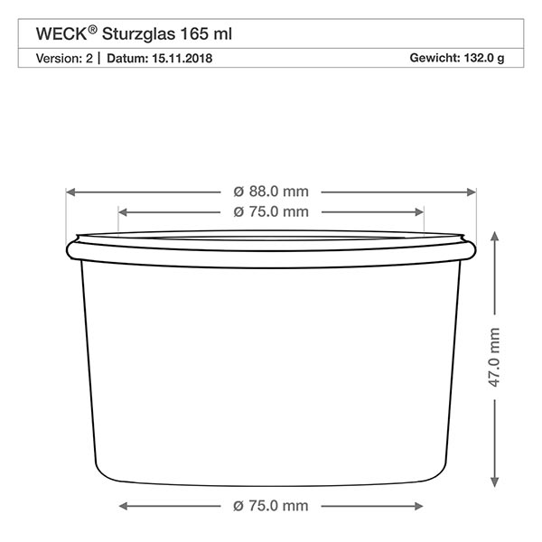 165ml bocal conique WECK RR80 avec boule en bois en hêtre Dessin technique du verre renversé WECK 165ml RR80 avec dimensions diamètre 88mm hauteur 47mm poids 132g