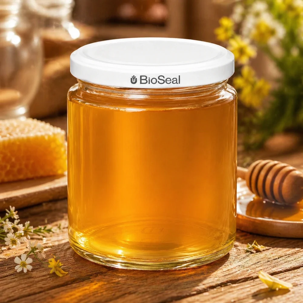 Pot à miel 350 g avec couvercle blanc BioSeal UNiTWIST Pot de miel BioSeal UNiTWIST de 250 ml rempli de miel doré sur table en bois avec rayons d'abeilles et bâton de miel