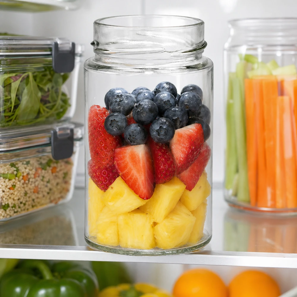 245ml Verre rond sans couvercle (TO58deep) UNiTWIST UNiTWIST Runda245 Bocal rond 245ml avec fruits frais Baies dans le réfrigérateur Bocal de réserve TO58deep Couvercle