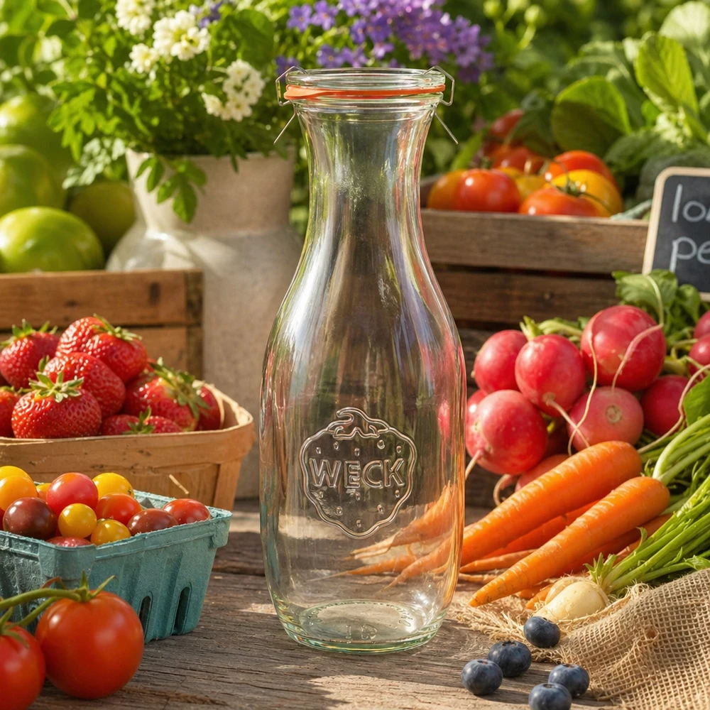 Bouteille à jus de 1062 ml, ensemble complet WECK RR60 WECK Bouteille de jus 1062ml RR60 vide entre des légumes frais fruits sur table en bois Farmers Market Ambiente naturel