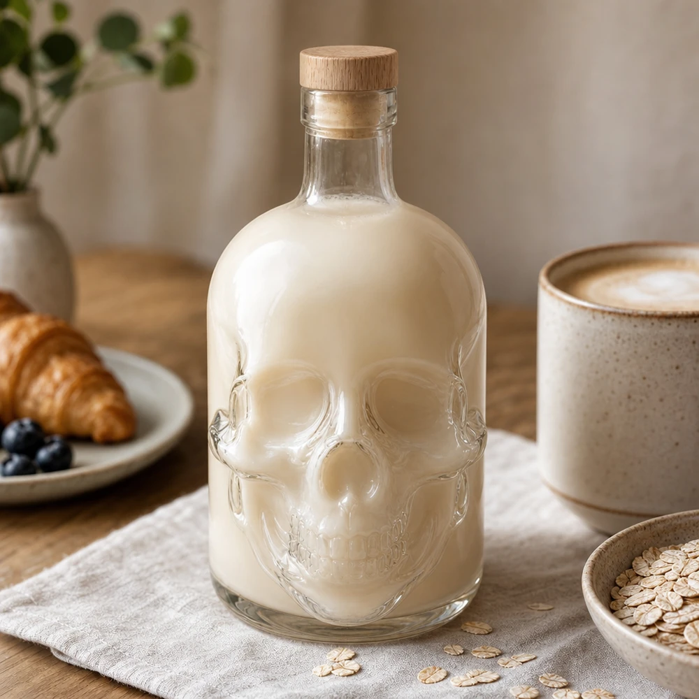 Bouteille en verre 700 ml « Jack » avec bouchon en bois UNiTWIST® Totenkopf-Glasflasche 700ml Jack mit cremiger Milchfüllung beim Frühstück mit Croissant und Haferflocken