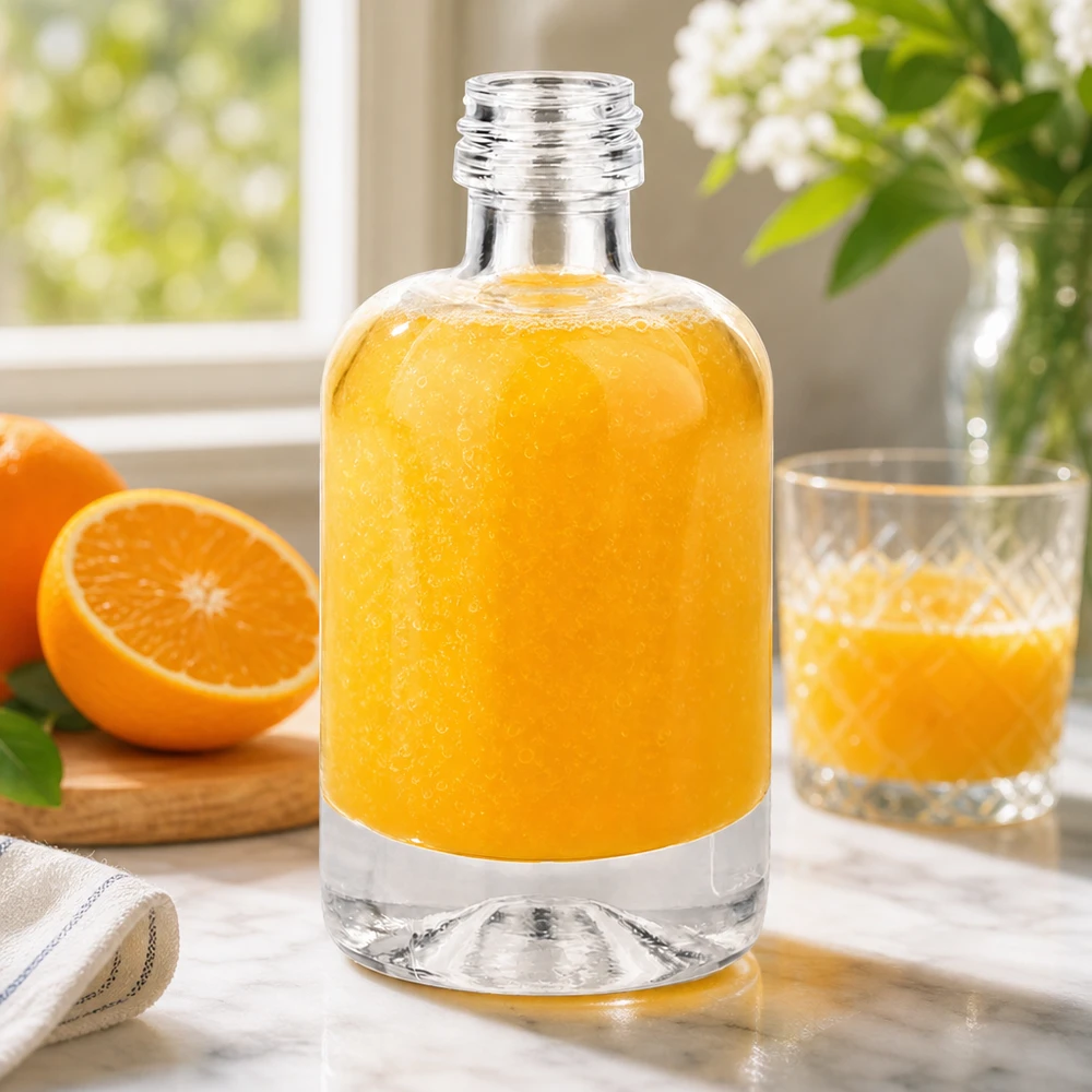 Flacon en verre 40 ml « Sara » sans bouchon à vis UNiTWIST® Bouteille en verre Sara de 40 ml remplie de jus orange montre la polyvalence pour les boissons et les cosmétiques sans bouchon