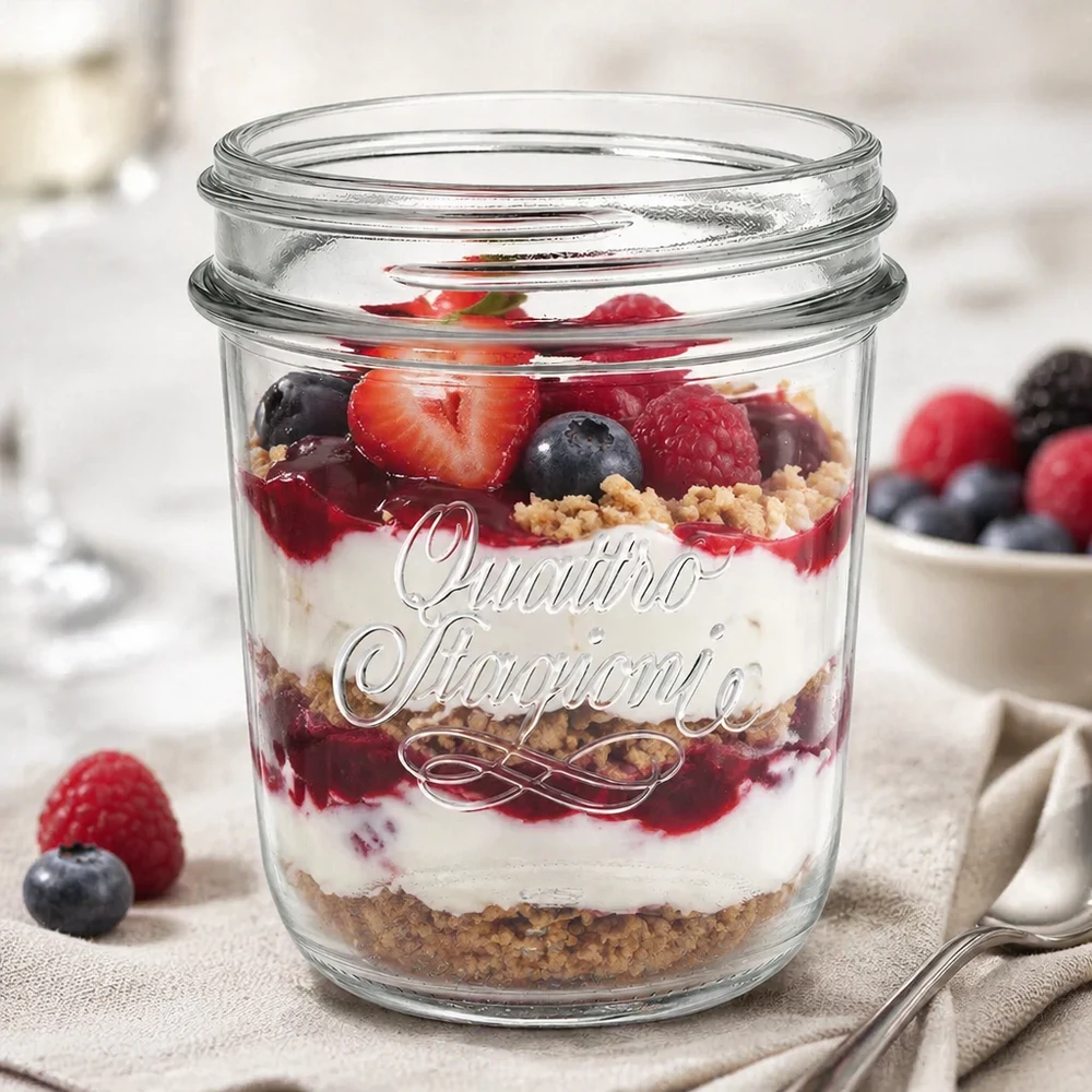 320ml Verre à pied 'Quattro Stagioni' QS86mm Quattro Stagioni Pot renversé 320ml rempli de dessert de baies en couches QS86mm Bouchon à vis Mason Jar