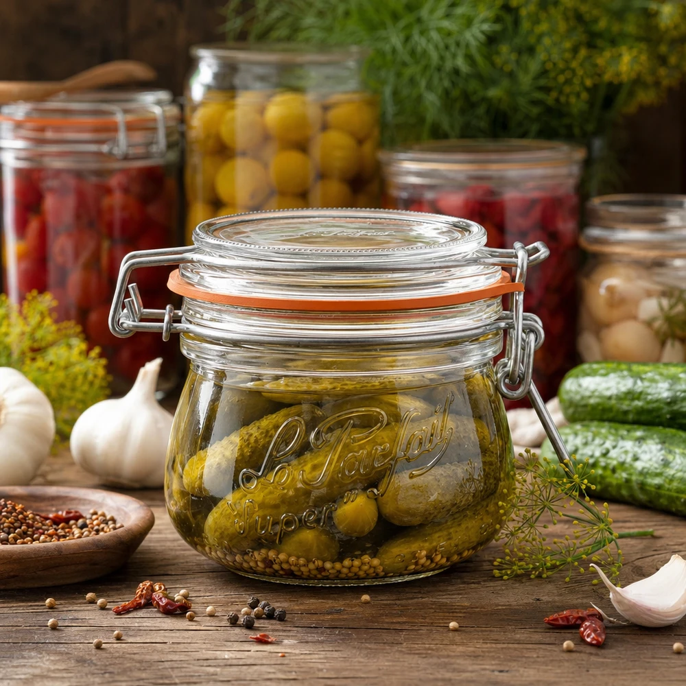 Mise en situation d’un bocal en verre pour les cornichons au vinaigre