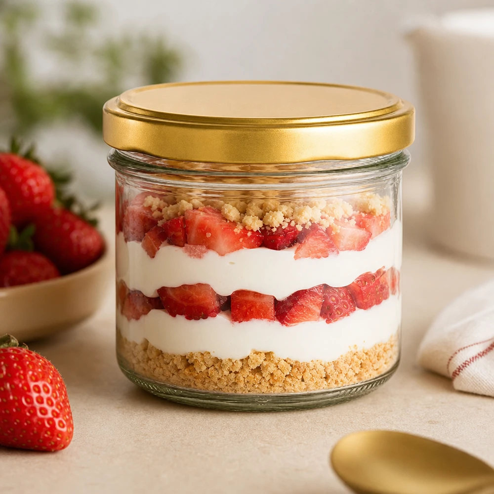 225ml Verre conique avec couvercle BasicSeal or UNiTWIST Verre renversé de 225 ml UNiTWIST doré avec couvercle BasicSeal comme verre à dessert pour trifle aux fraises avec crème et fond de biscuit