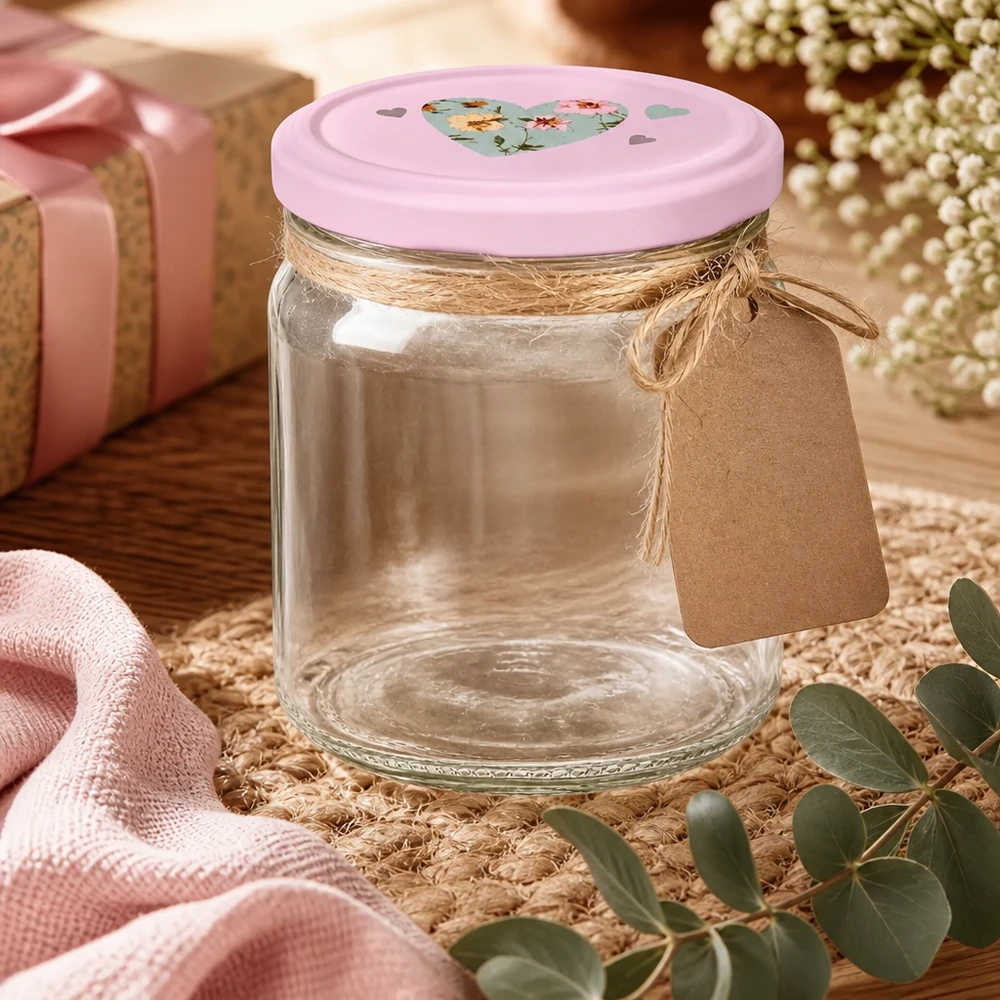 Pot rond de 408 ml + couvercle BasicSeal cur rose UNiTWIST Verre rond de 408 ml avec couvercle rose en forme de cœur BasicSeal comme idée de cadeau décoré avec une corde de jute et un pendentif