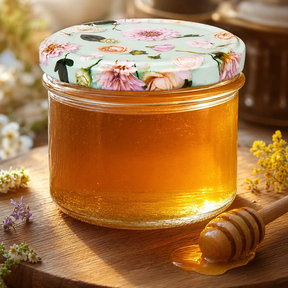 225ml Sturzglas mit mint Blumendeckel gefüllt mit goldgelbem Honig auf Holzbrett mit Honiglöffel UNiTWIST Glas