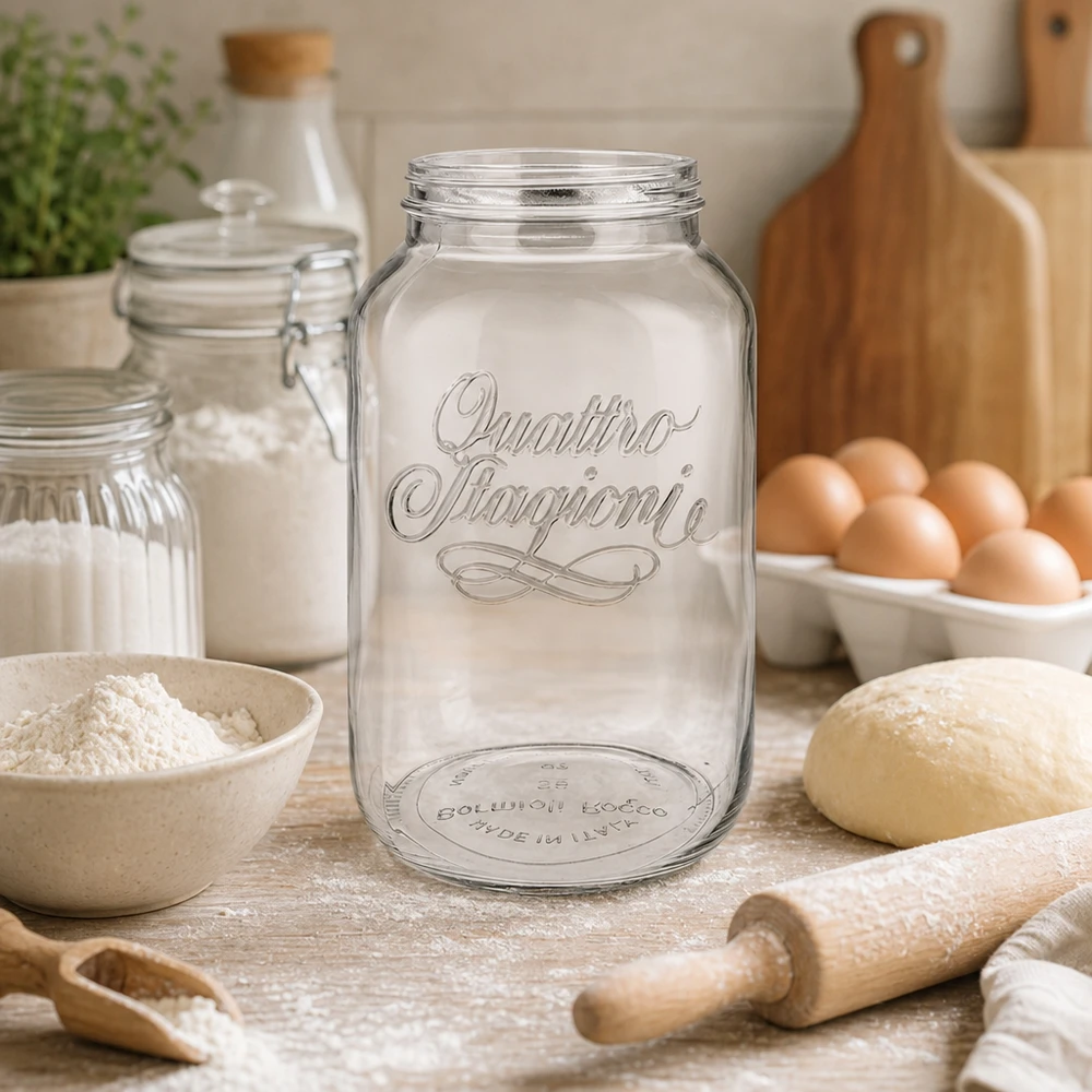 3800ml Verre rond "Quattro Stagioni" QS110mm 3800ml Quattro Stagioni Haushaltsglas in rustikaler Küche mit Backzutaten, perfekt für Vorratshaltung und Dekoration