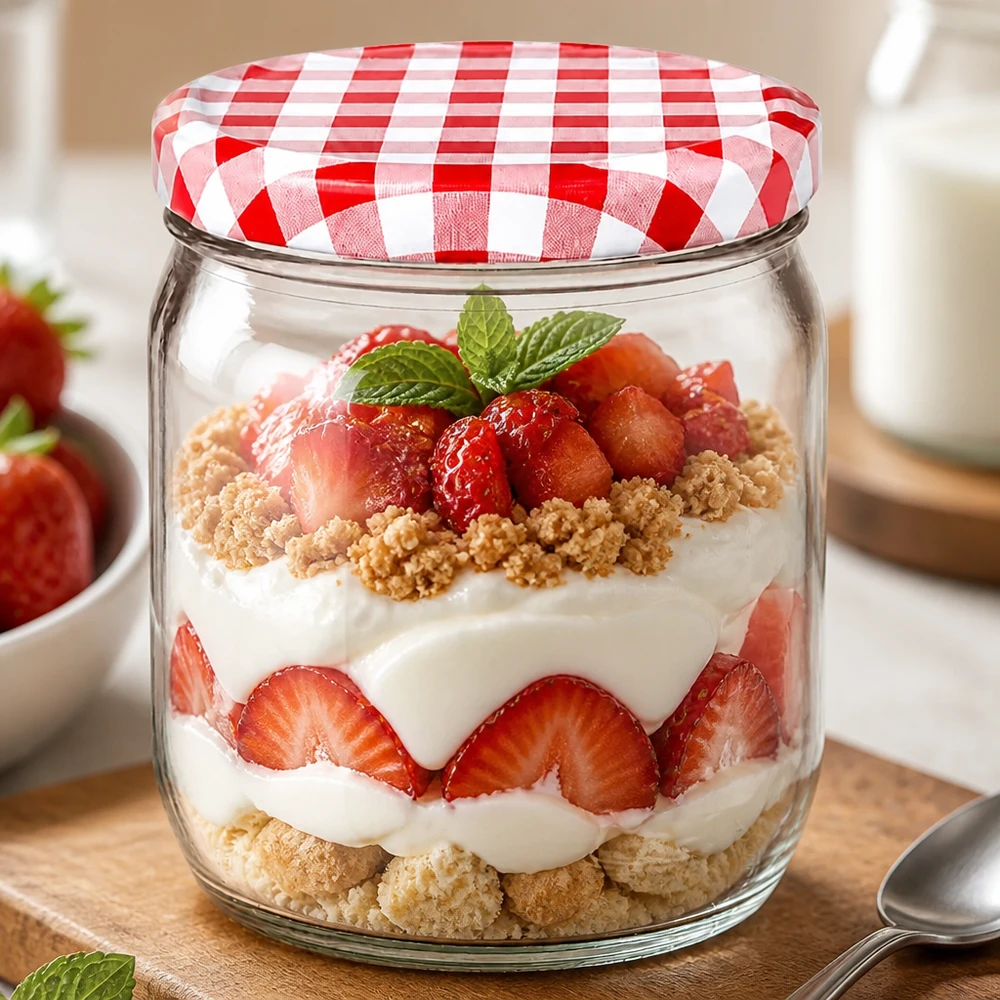 425ml Verre rond avec couvercle BasicSeal rouge/blanc UNiTWIST 425ml Rundglas als Dessertglas für Schichtdessert mit Erdbeeren und Sahne, BasicSeal Deckel rot-weiss kariert