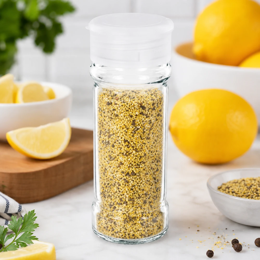 Pot en verre transparent 100 ml avec couvercle en plastique blanc et mélange d'épices « poivre au citron »