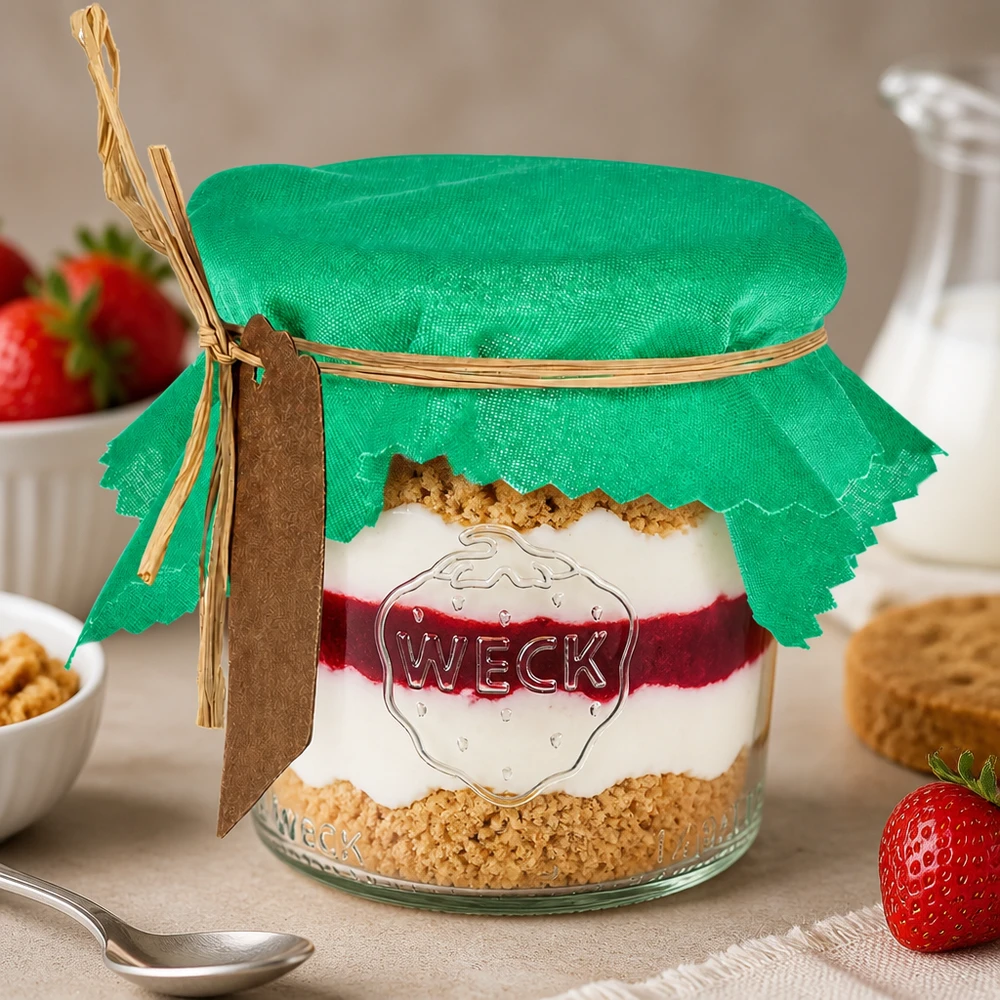 Tissu napperon pour décoratif verte 12cm carré Couvre-bijoux en tissu vert 12cm carré sur verre à dessert avec dessert en couches et fraises fraîches comme décoration de table