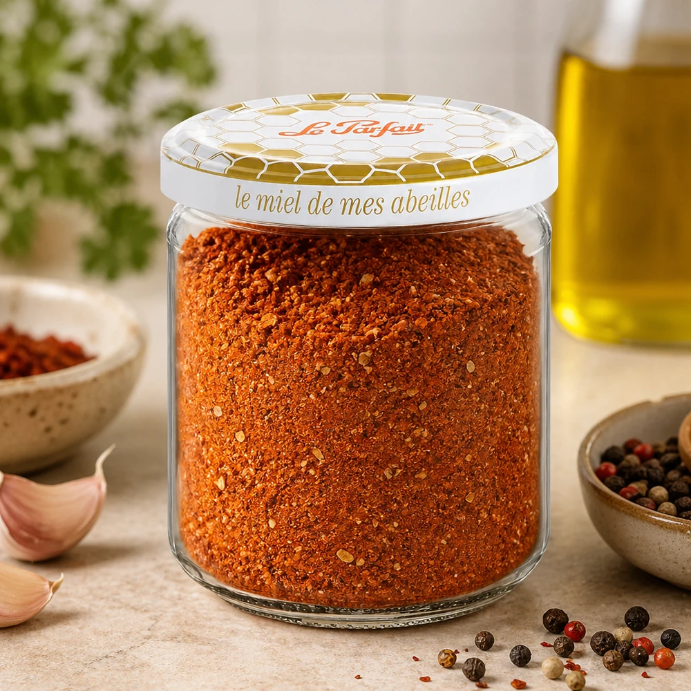 Le Parfait® pot miel 212 ml Ø63 mm Le Parfait Honey pot de réserve 212ml rempli d'un mélange d'épices à côté d'ail de poivre en grains et d'huile d'olive