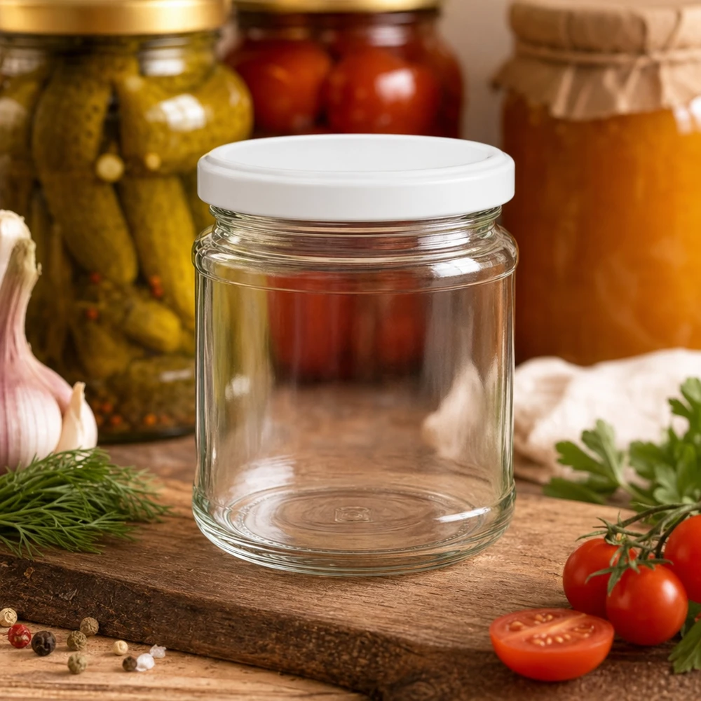 Pot de conserve de 212 ml avec couvercle blanc sur une planche en bois à côté de tomates, d'herbes aromatiques et de bocaux de conserve remplis en arrière-plan