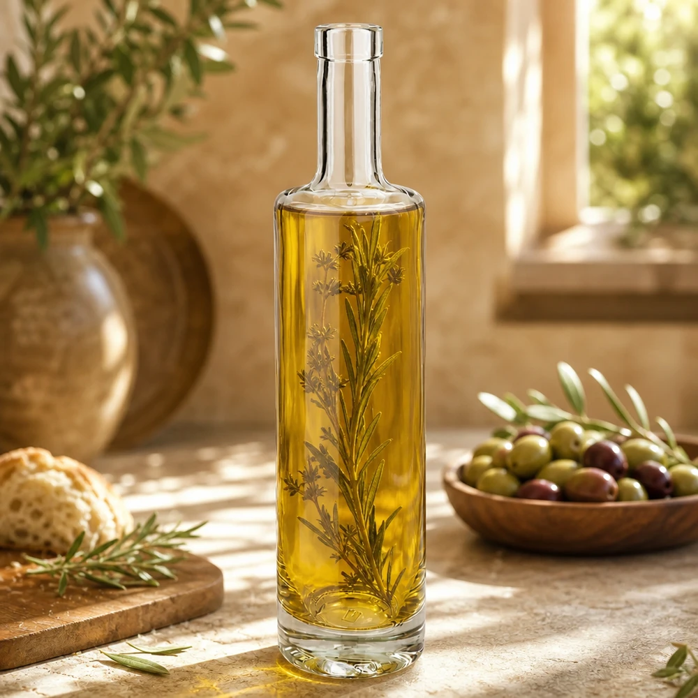 Flacon en verre 500 ml « Lina » sans bouchon UNiTWIST® 500ml Glasflasche Lina gefüllt mit Kräuteröl Dekoration Küche mediterran Lifestyle Anwendungsbeispiel Bild 2 von 10
