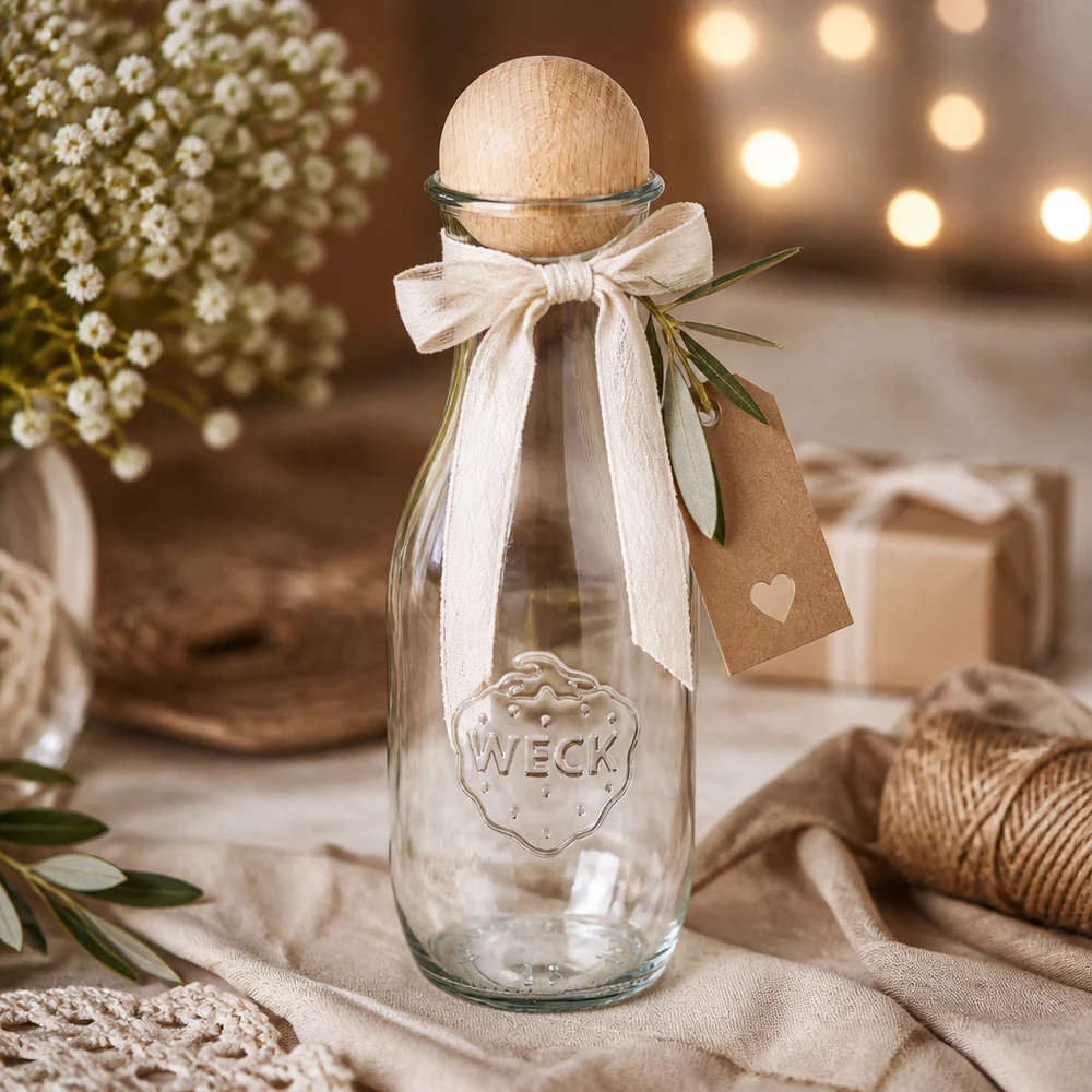 WECK Bouteille de jus 1062ml RR60 décorée comme cadeau avec un ruban blanc Pendentif en papier kraft et branche d'olivier