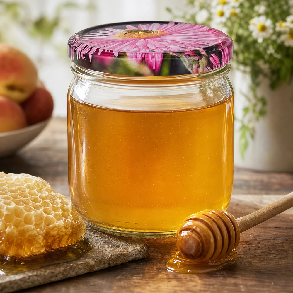 Pot rond de 425 ml avec couvercle à fleur BasicSeal rempli de miel à côté d'un nid d'abeille et d'une cuillère à miel sur une plaque en pierre