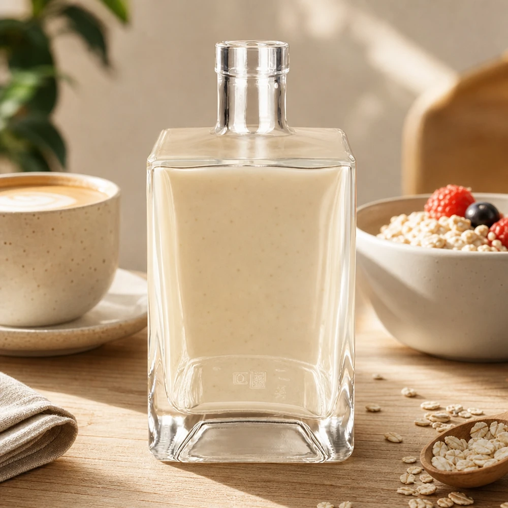 Bouteille de verre transparente Ben de 700 ml rectangulaire sur table en bois avec tasse à café et bol à céréales lifestyle Ambiente