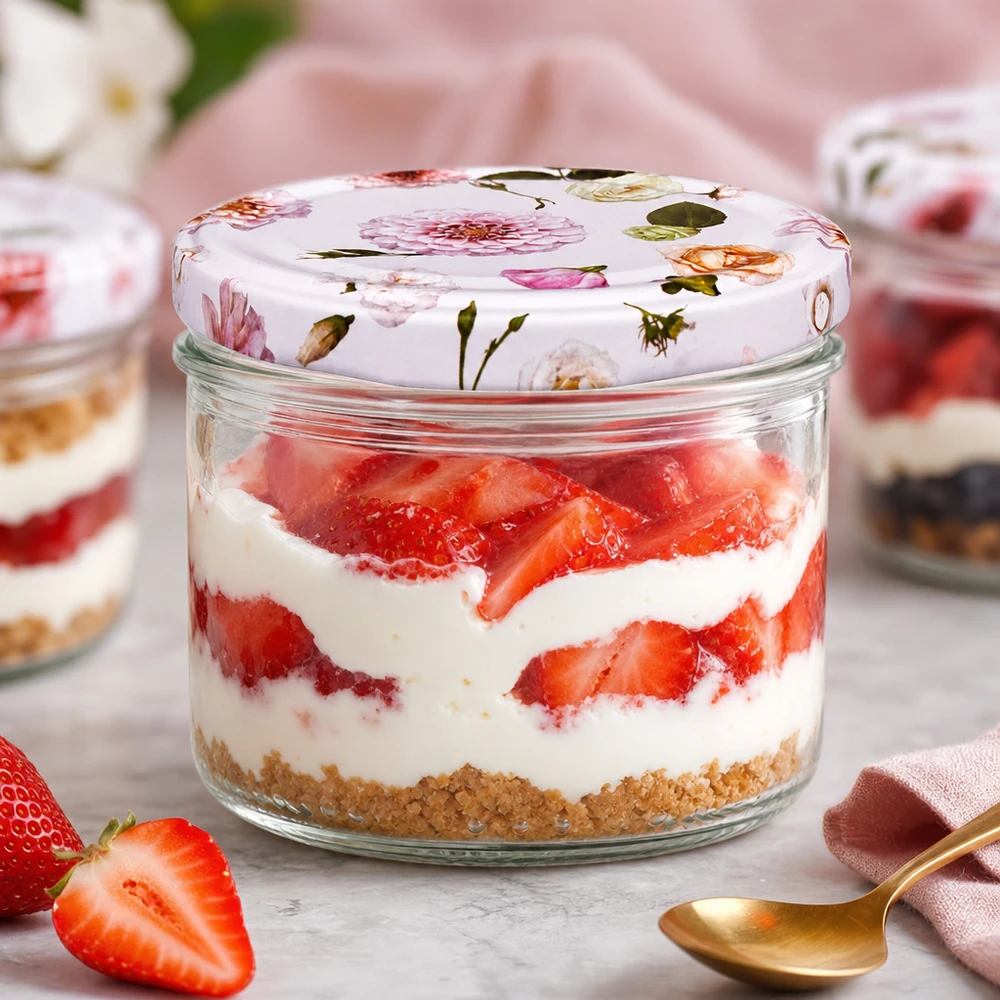 Pot cylindrique de 230 ml + couvercle BasicSeal rose fleur Dessert aux fraises en pot cylindrique de 230ml avec couvercle BasicSeal Fleur rose - Dessert en couches avec fraises fraîches