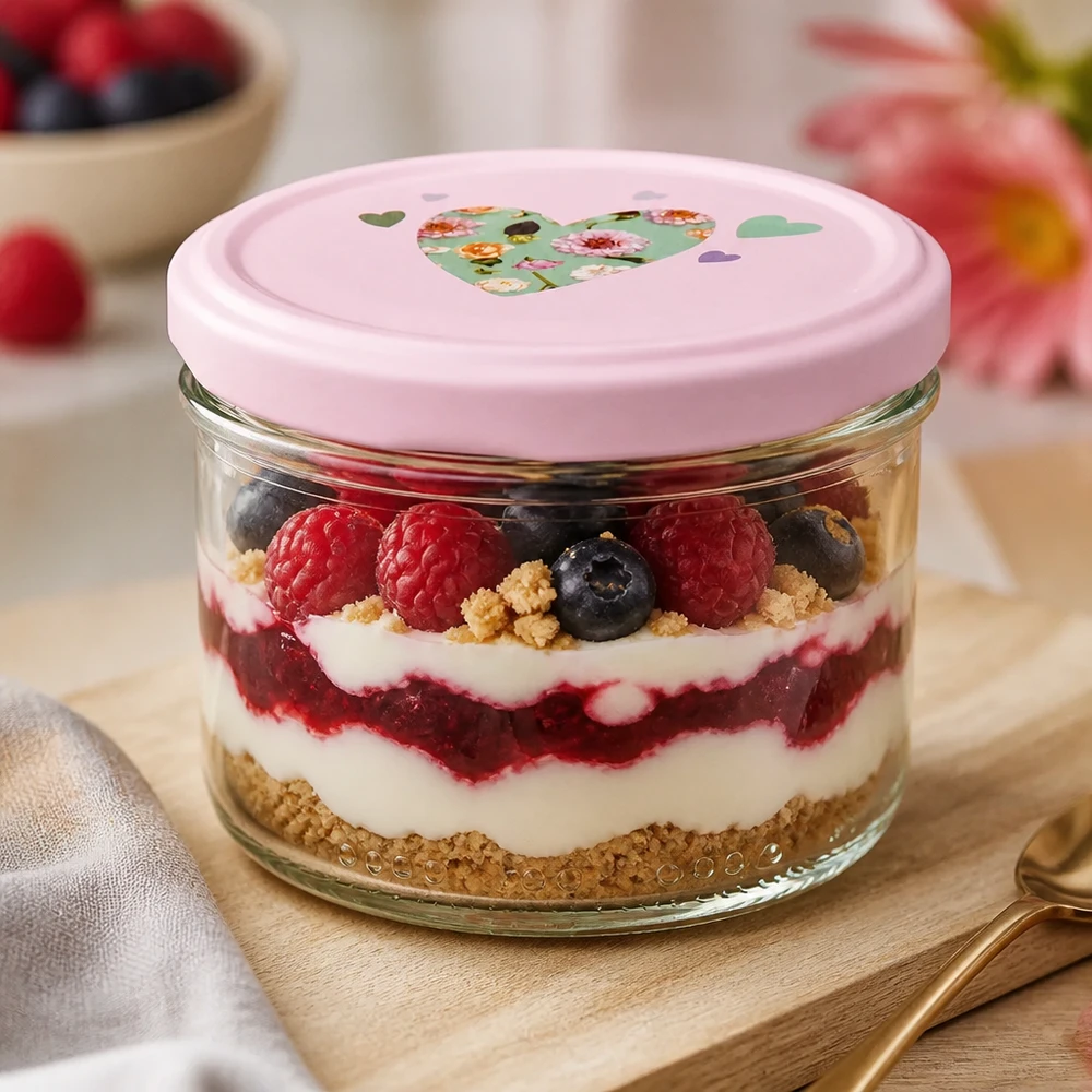 Pot de 230ml rempli de petits fruits rouges, couvercle en forme de cœur rose, pratique pour la préparation des repas et des desserts