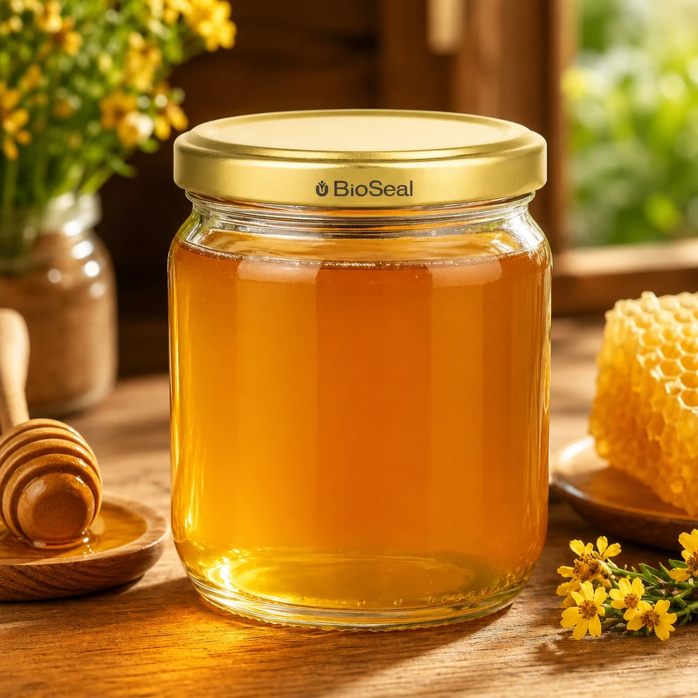 Pot à miel 500 g avec couvercle doré BioSeal UNiTWIST Pot de miel BioSeal de 500g avec couvercle doré rempli de miel à côté d'un nid d'abeille et d'une cuillère à miel sur une table en bois