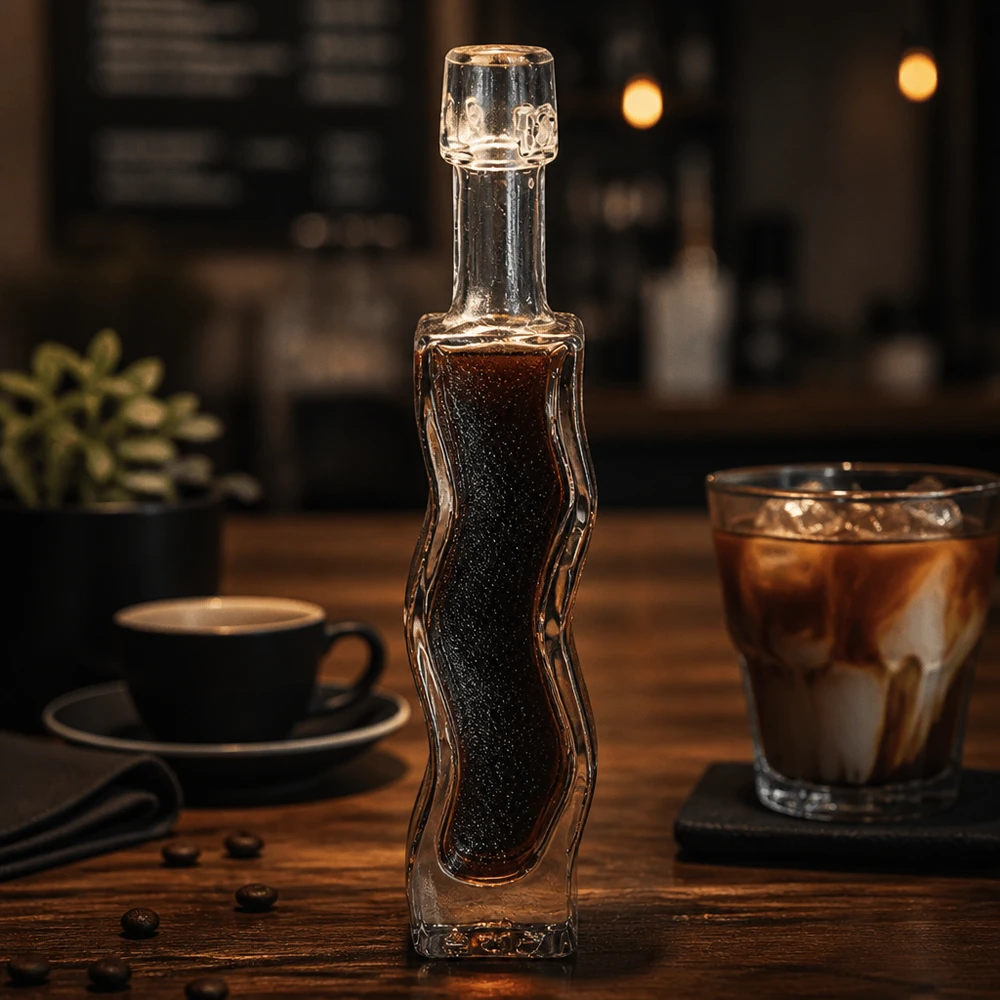 Flacon en verre « Fila » 40 ml sans bouchon UNiTWIST® Bouteille en verre Anna de 40 ml remplie de sirop de café foncé Ambiance café Table en bois Exemple d'utilisation Accessoires pour barista