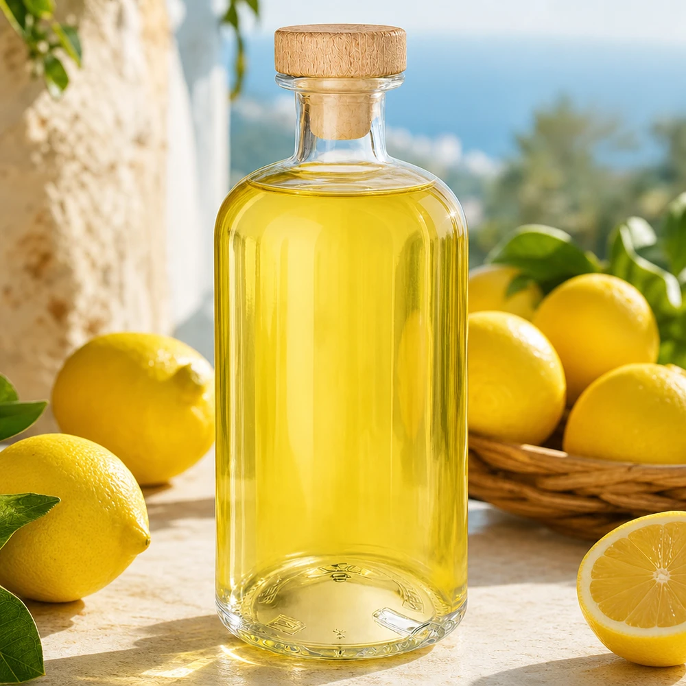 Bouteille en verre Flora 500ml avec bouchon en bois remplie de liquide jaune entre des citrons frais sur une table en bois