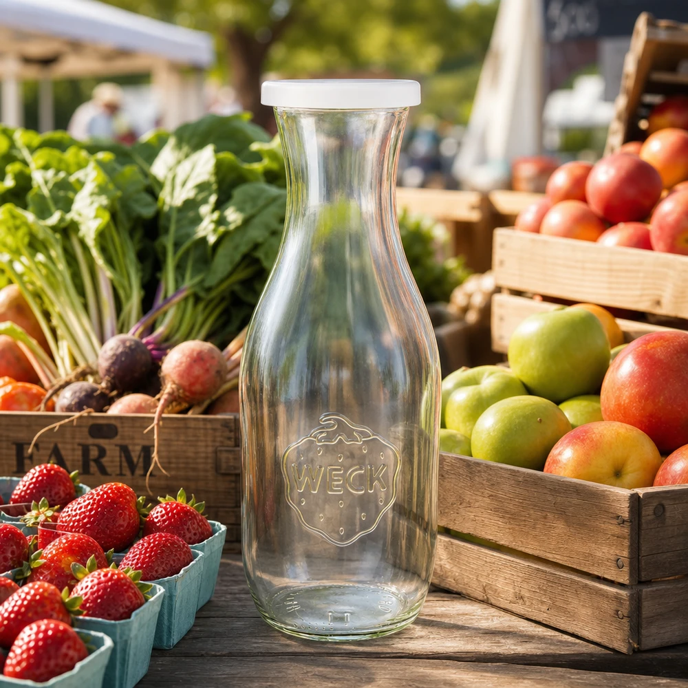 Bouteille à jus de 1 062 ml avec couvercle fraîcheur WECK RR60 WECK Bouteille de jus de fruits 1062ml avec couvercle blanc sur un marché fermier parmi des fruits et légumes frais dans des caisses en bois