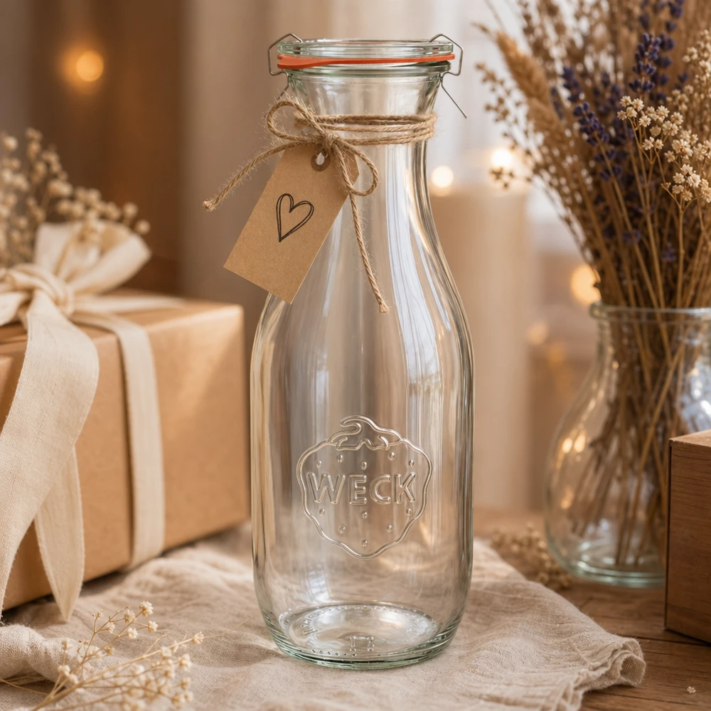 Bouteille à jus de 1062 ml, ensemble complet WECK RR60 WECK Bouteille de jus de fruit 1062ml RR60 décorée avec une corde de jute et un pendentif en forme de cœur comme cadeau rustique mis en scène
