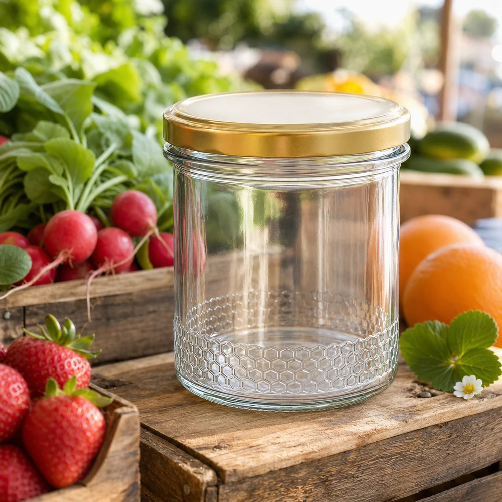 Pot à miel 560 g avec couvercle doré BasicSeal UNiTWIST Pot de miel de 400 ml avec couvercle BasicSeal doré UNiTWIST sur caisse en bois dans le jardin entouré de fraises et de radis frais