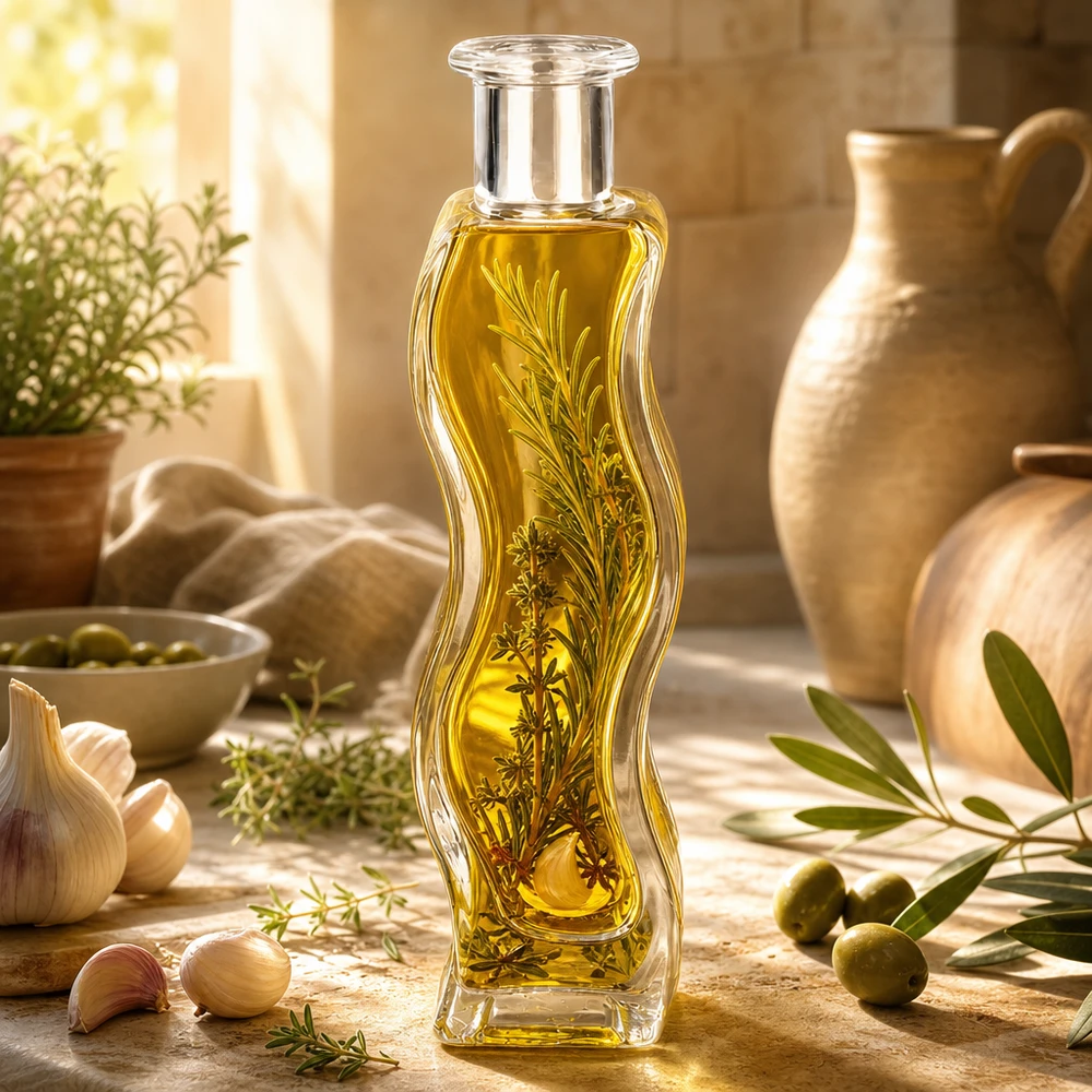 Bouteille en verre Melissa de 100 ml remplie d'huile aux herbes et de branches de romarin dans une cuisine méditerranéenne avec olives et céramique