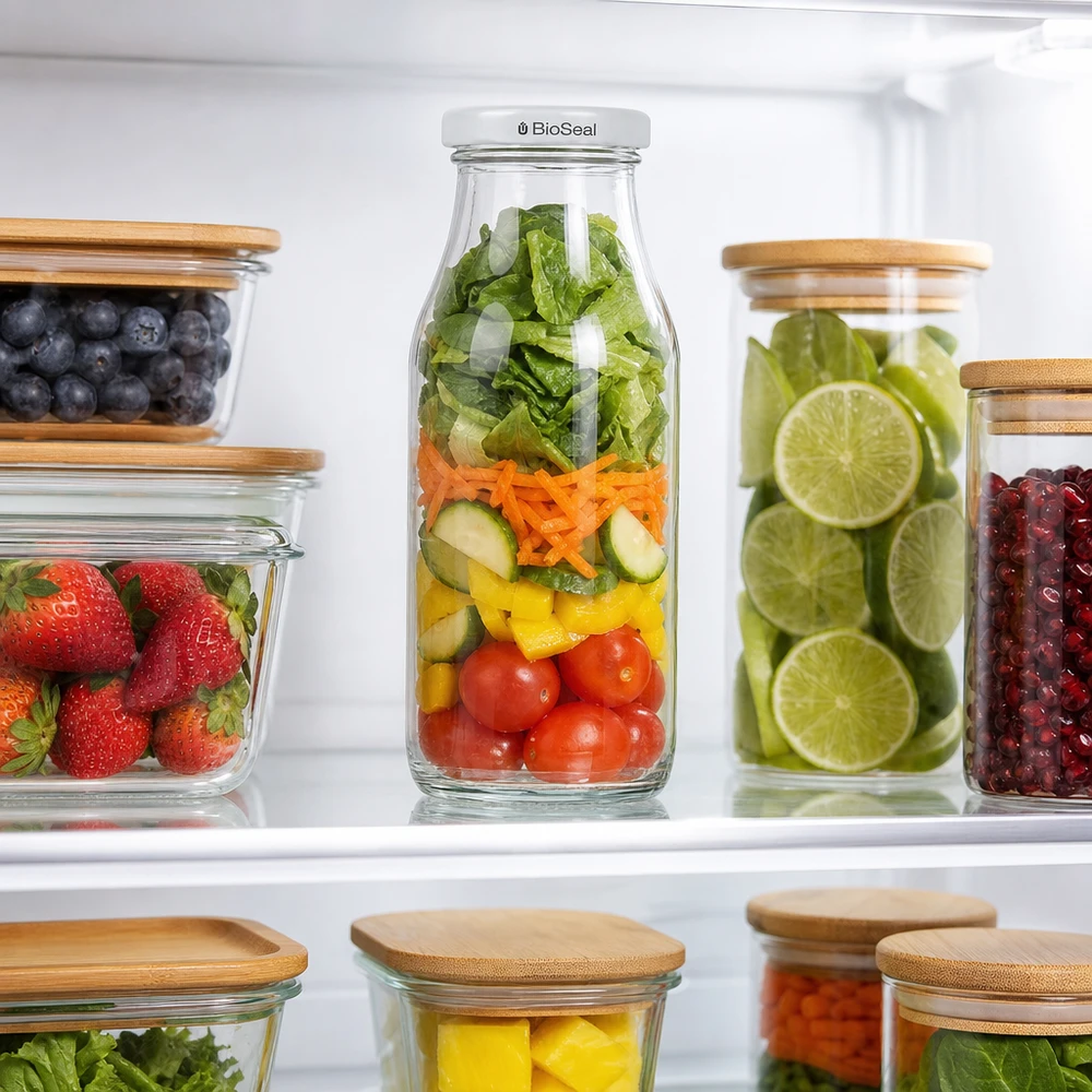UNiTWIST Bottle263 avec couvercle BioSeal rempli de salade dans le réfrigérateur à côté d'autres récipients de stockage en verre