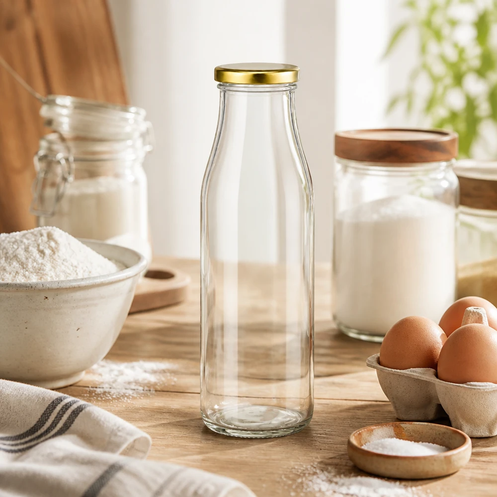 500ml Bouteille avec couvercle BasicSeal or UNiTWIST Bouteille en verre de 500ml BasicSeal couvercle doré dans la boulangerie avec farine oeufs verre de lait sur plan de travail en bois ustensiles de cuisine