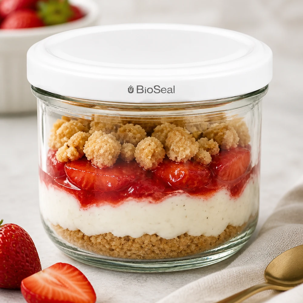 260ml Verre conique avec couvercle BioSeal blanc UNiTWIST UNiTWIST Sturz260 rempli de dessert à la fraise - gobelet en verre de 260ml avec couvercle blanc BioSeal pour des desserts en couches