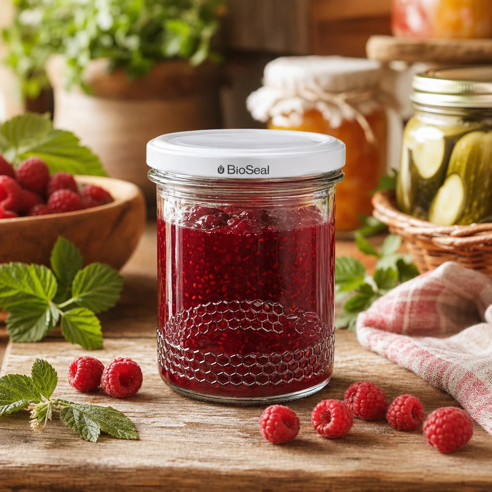 Pot à miel 560 g avec couvercle blanc BioSeal UNiTWIST Confiture de framboises dans un pot de miel de 400 ml avec couvercle BioSeal entouré de framboises fraîches sur une planche en bois