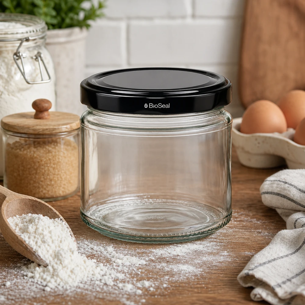 330ml Verre rond avec couvercle BioSeal noir UNiTWIST UniTWIST Runda330 Bocal en verre vide avec couvercle BioSeal noir dans un environnement de cuisine avec de la farine et des œufs