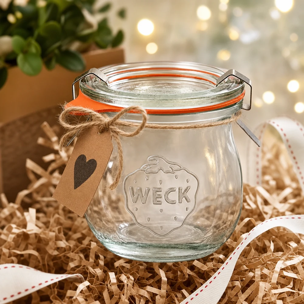 WECK Pot tulipe 75ml RR40 comme idée de cadeau emballé de manière décorative avec un pendentif en forme de cœur et un ruban cadeau dans une atmosphère festive