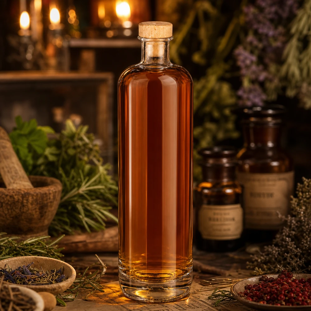 Bouteille en verre Ella de 700 ml au contenu ambré et au bouchon en bois dans une atmosphère rustique de pharmacie aux herbes