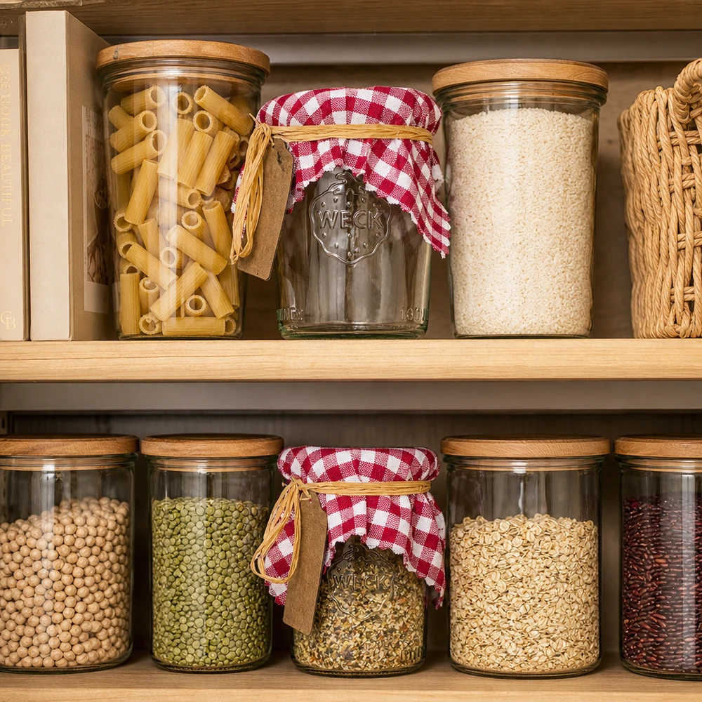 Couvre-tissu à carreaux blanc/bordeaux 150x150mm carré Bocaux à provisions avec couvercle en tissu à carreaux bordeaux dans Pantry - Pâtes Riz Légumes secs conservés avec style