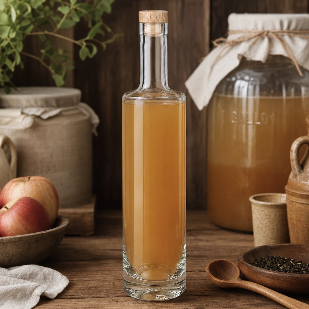 Bouteille en verre 500 ml « Lina » avec bouchon en bois UNiTWIST® Bouteille en verre Lina de 500ml avec bouchon en bois remplie de liqueur de pomme cuisine rustique pomme herbes ambiance