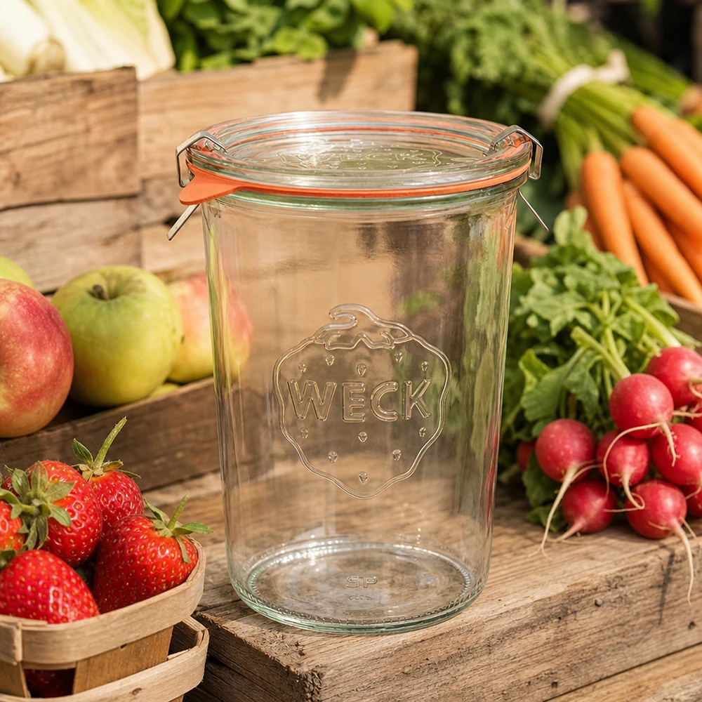 850ml bocal conique complet WECK RR100 WECK RR100 Pot de conserve 850ml avec des fruits et légumes frais sur une table en bois rustique comme scène de cuisine pour la conservation des provisions