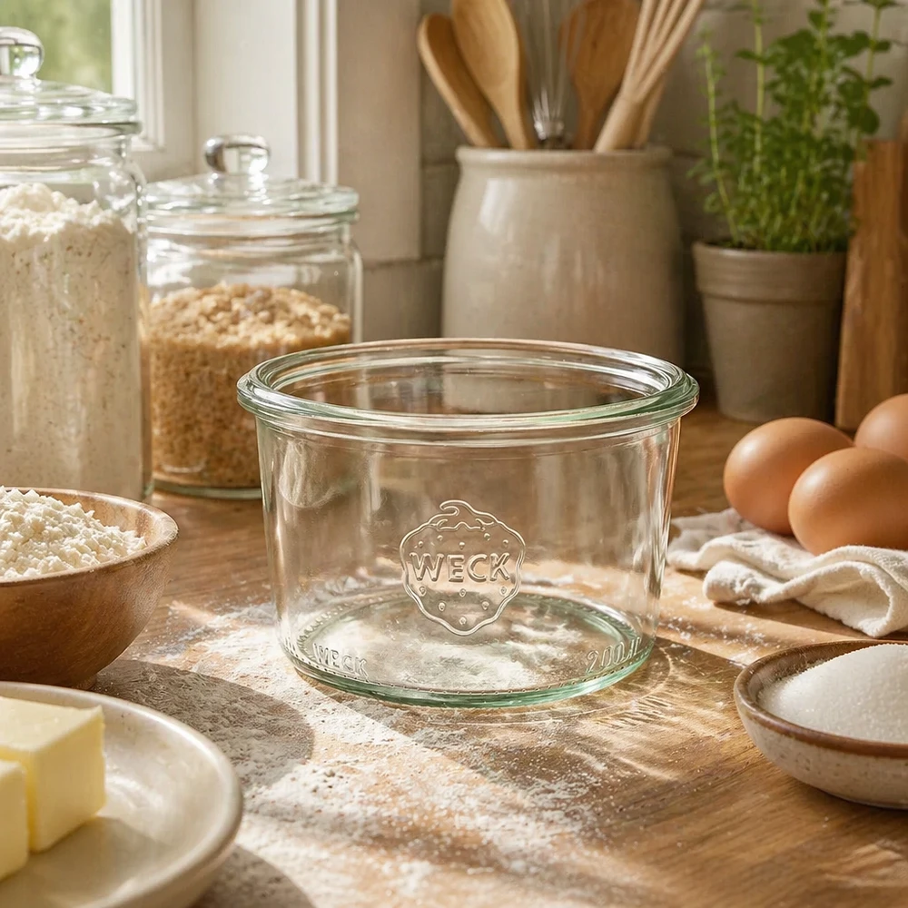 WECK Verre renversé 200ml RR80 en verre dans une cuisine rustique avec des ingrédients de cuisson et des ustensiles de cuisine