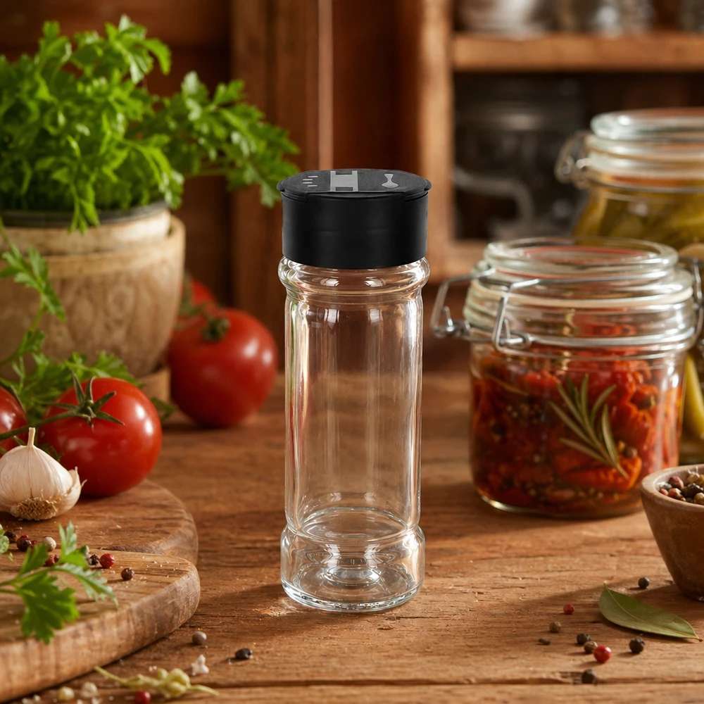 Pot à sel/épices 100 ml avec double saupoudreuse, noir Récipient à sel en verre transparent de 100 ml avec saupoudreuse noire, posé sur une table rustique en bois