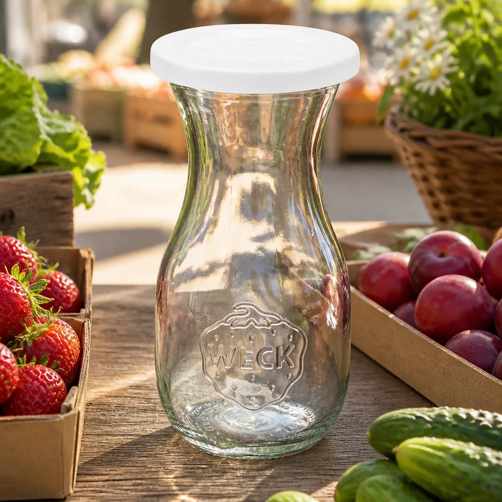 Bouteille de jus WECK 290 ml avec couvercle fraîcheur RR60 disposée entre des fruits et légumes frais sur une table en bois rustique