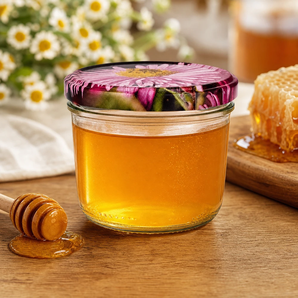 Verre renversé couleur miel 230 ml avec couvercle à fleur BasicSeal, cuillère à miel et morceaux de nid d'abeille sur table en bois avec camomille