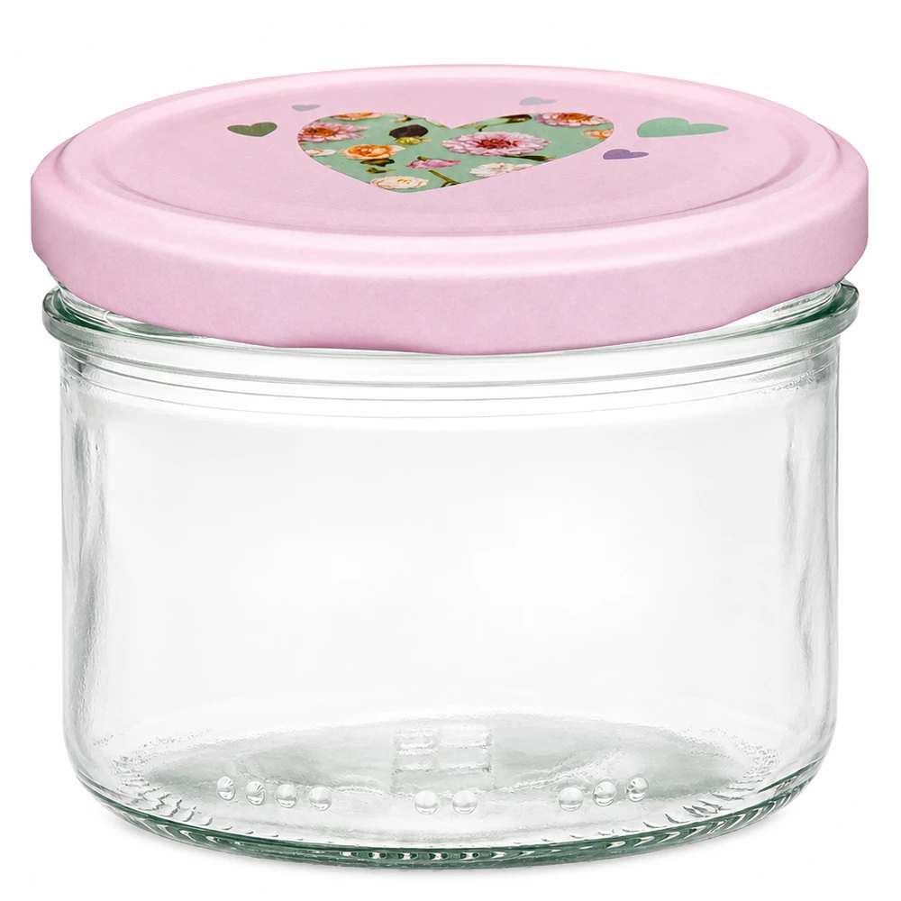 Pot cylindrique 230ml avec couvercle rose BasicSeal et motif coeur, pot de conservation pour aliments