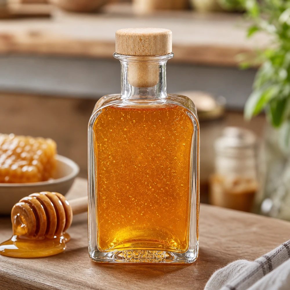 Bouteille en verre Clara de 200 ml remplie de miel Bouchon en bois Cuillère à miel Cire d'abeille Édulcorant naturel Accessoires de cuisine