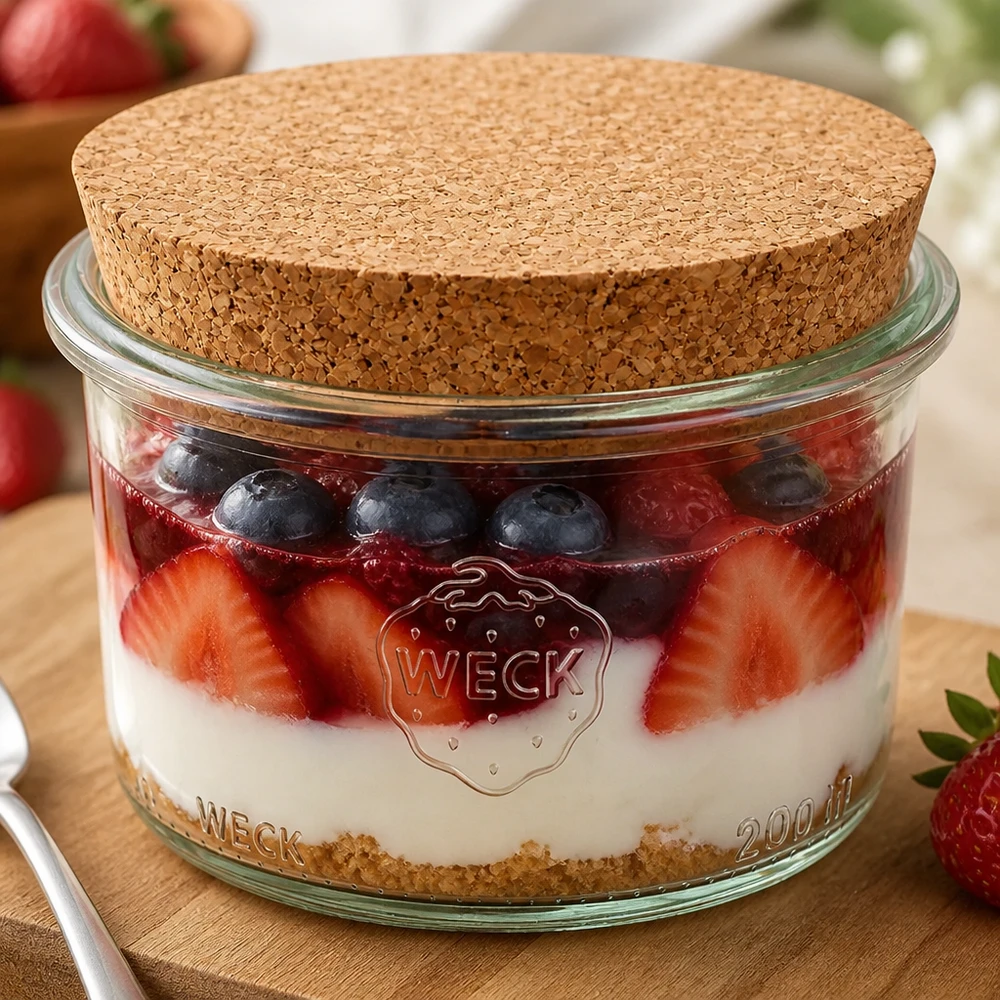 WECK Verre renversé 200ml RR80 rempli de petits fruits rouges et couvercle en liège montre une utilisation polyvalente comme verre à dessert